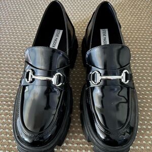 Steve Madden Glossy Black Loafers with Silver Detail